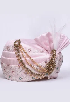 Embroidered Dupion Silk Turban in Pink