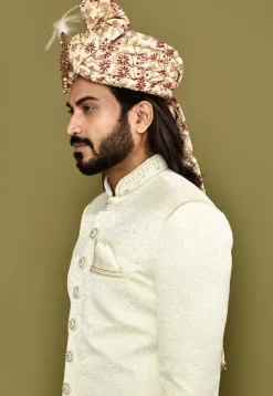 Embroidered Dupion Silk Turban in Beige