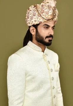 Embroidered Dupion Silk Turban in Beige