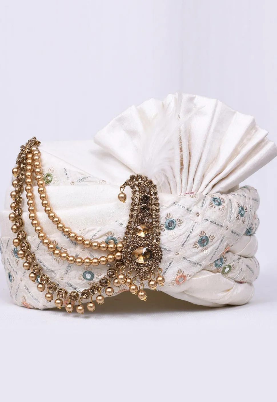 Embroidered Dupion Silk Turban in Off White