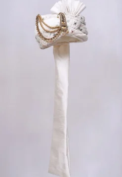 Embroidered Dupion Silk Turban in Off White