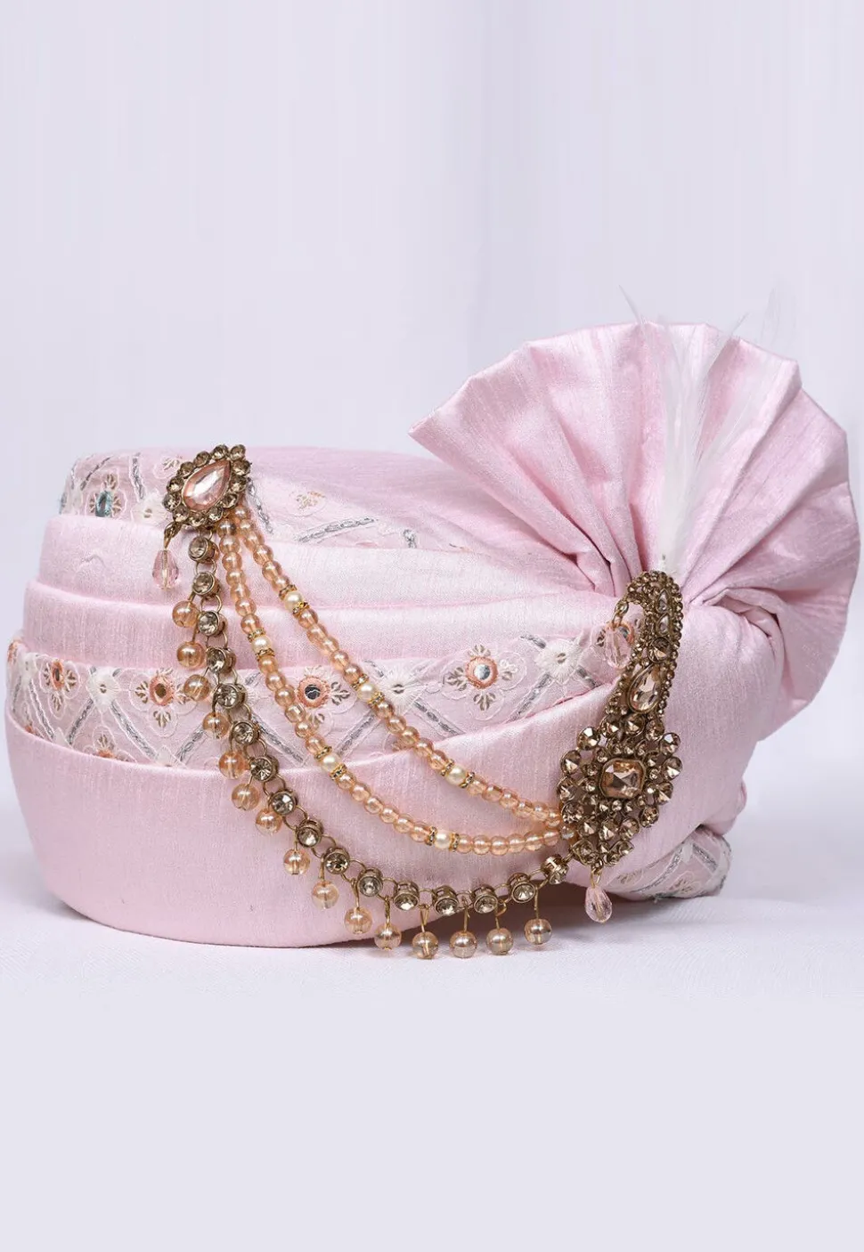 Embroidered Dupion Silk Turban in Pink