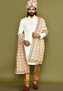 Embroidered Dupion Silk Turban Set in Beige