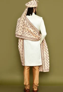 Embroidered Dupion Silk Turban Set in Beige