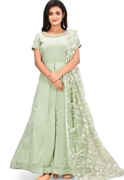 Embroidered Front Slit Georgette Abaya Style Suit in Pastel Green