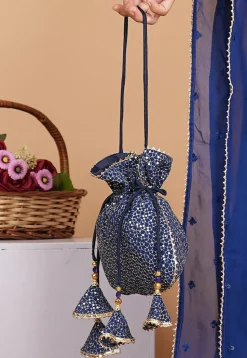 Embroidered Geogrette Potli Bag in Navy Blue