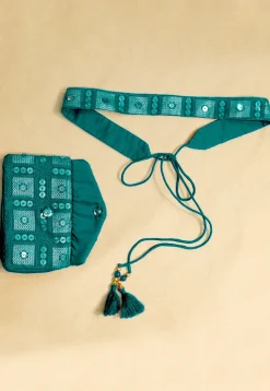Embroidered Geogrette Waist Bag with Belt in Teal Green