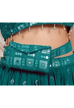 Embroidered Geogrette Waist Bag with Belt in Teal Green