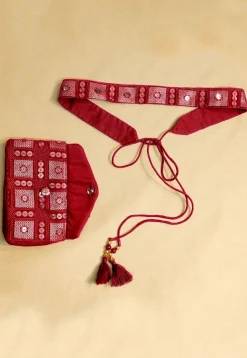 Embroidered Geogrette Waist Bag with Belt in Maroon