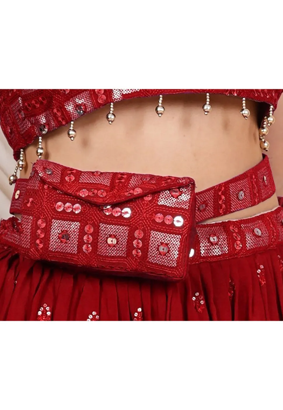 Embroidered Geogrette Waist Bag with Belt in Maroon