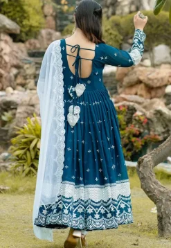 Embroidered Georgette A Line Suit in Teal Blue