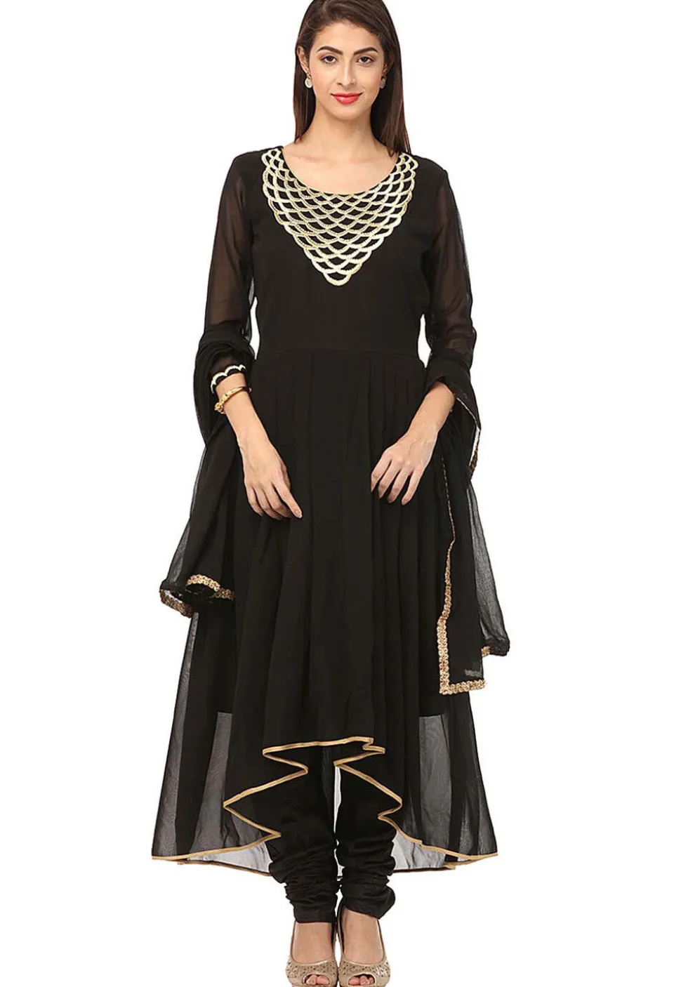 Embroidered Georgette A Line Suit in Black