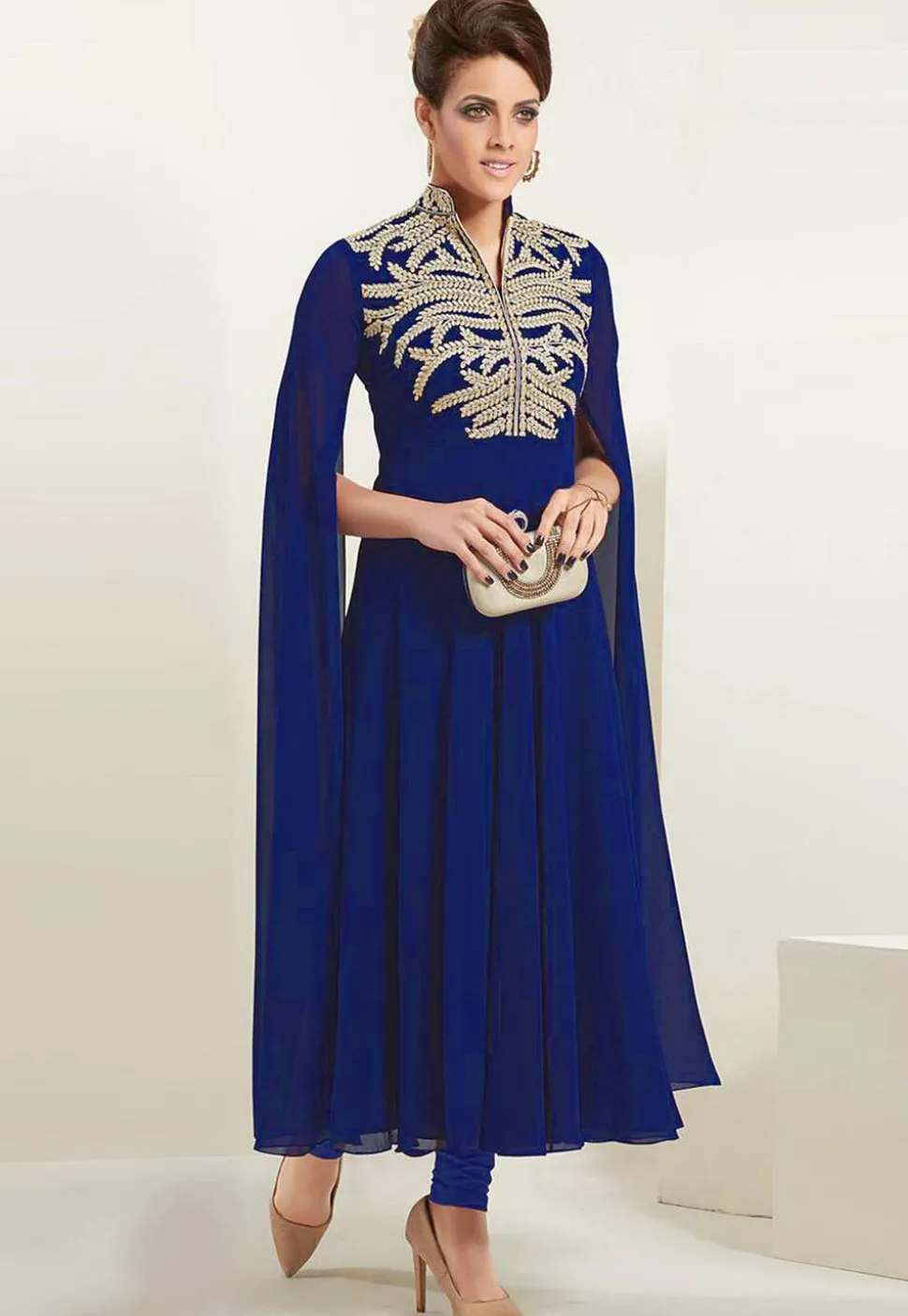 Embroidered Georgette A Line Kurta Set in Royal Blue