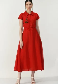 Embroidered Georgette A Line Dress in Red