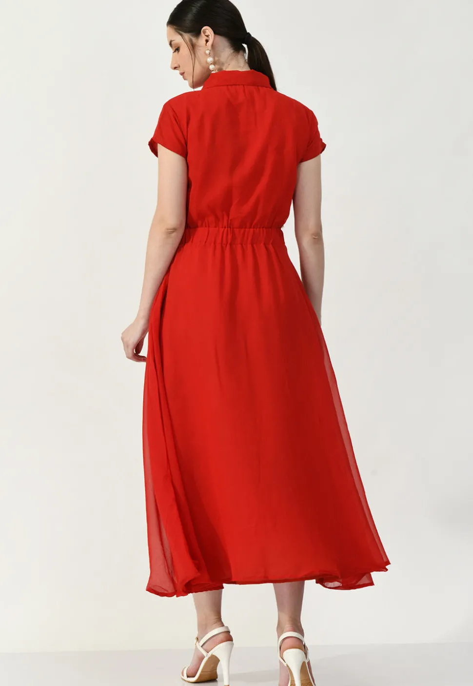 Embroidered Georgette A Line Dress in Red
