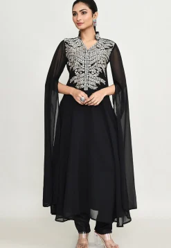 Embroidered Georgette A Line Kurta in Black