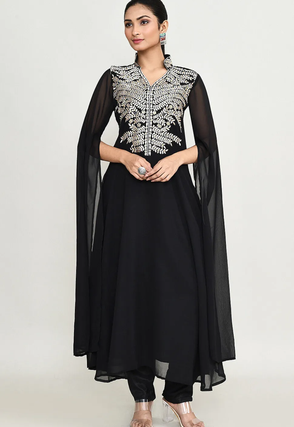 Embroidered Georgette A Line Kurta in Black