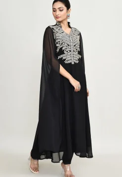 Embroidered Georgette A Line Kurta in Black