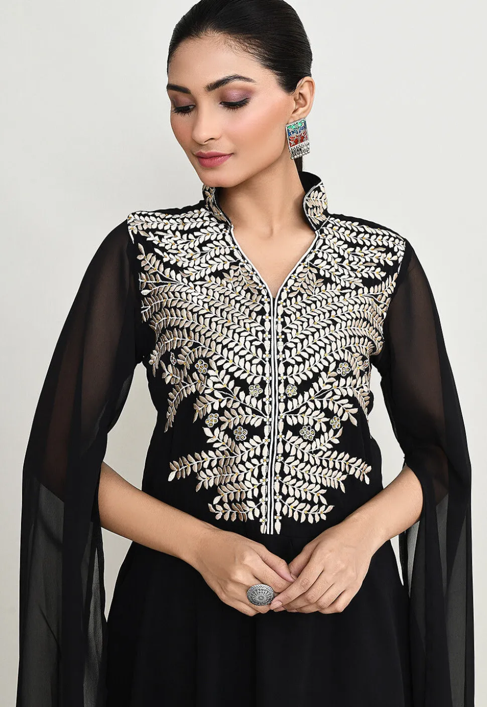 Embroidered Georgette A Line Kurta in Black