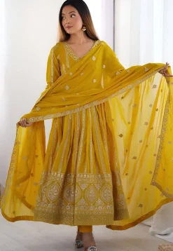 Embroidered Georgette A Line Suit in Yellow