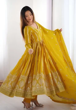 Embroidered Georgette A Line Suit in Yellow