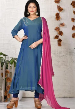 Embroidered Georgette A Line Suit in Blue