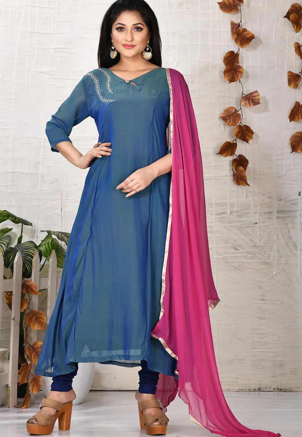 Embroidered Georgette A Line Suit in Blue