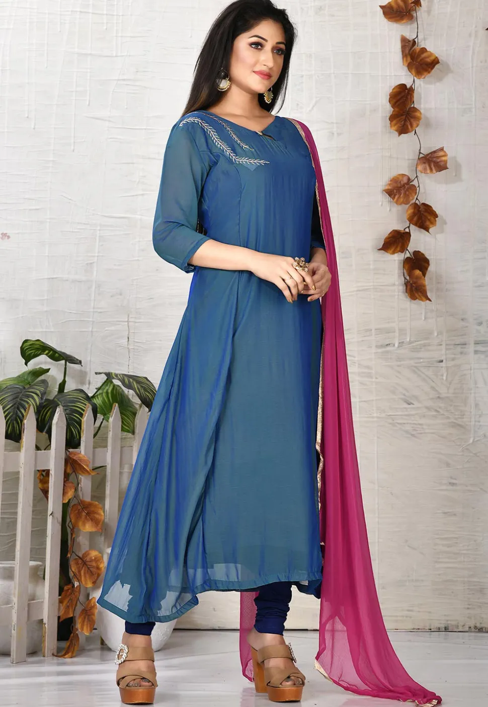 Embroidered Georgette A Line Suit in Blue