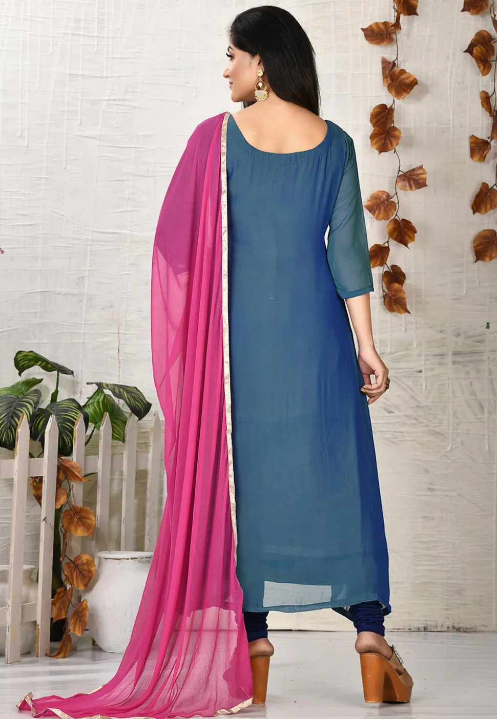 Embroidered Georgette A Line Suit in Blue