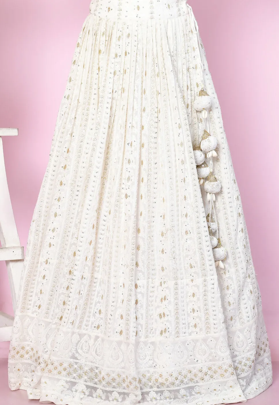 Embroidered Georgette A Line Skirt in Off White