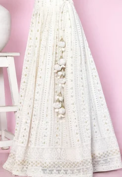 Embroidered Georgette A Line Skirt in Off White