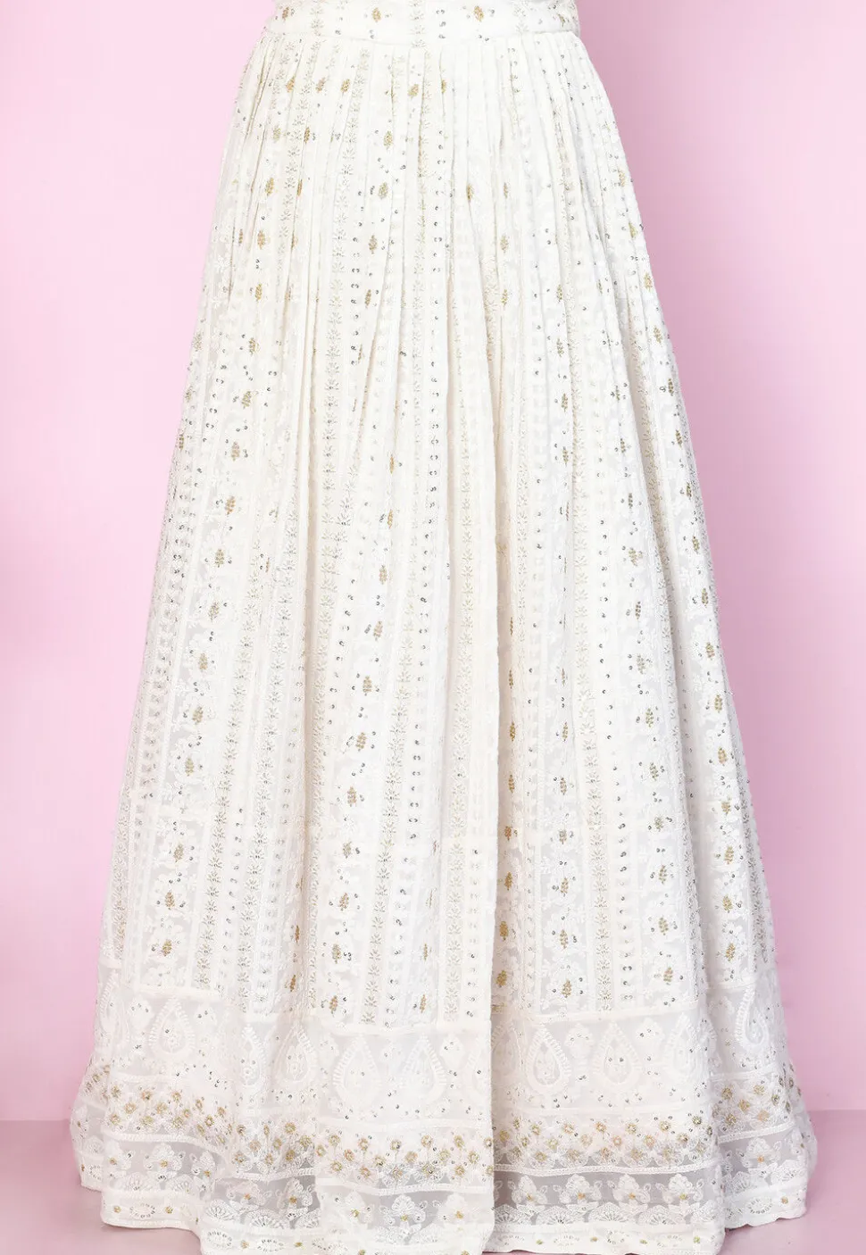 Embroidered Georgette A Line Skirt in Off White