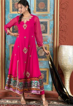 Embroidered Georgette A Line Suit in Fuchsia