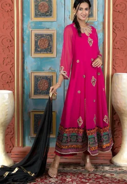 Embroidered Georgette A Line Suit in Fuchsia