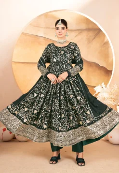 Embroidered Georgette A Line Suit in Dark Green