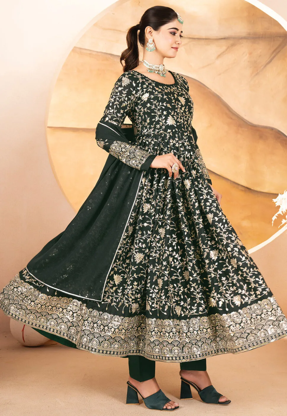 Embroidered Georgette A Line Suit in Dark Green