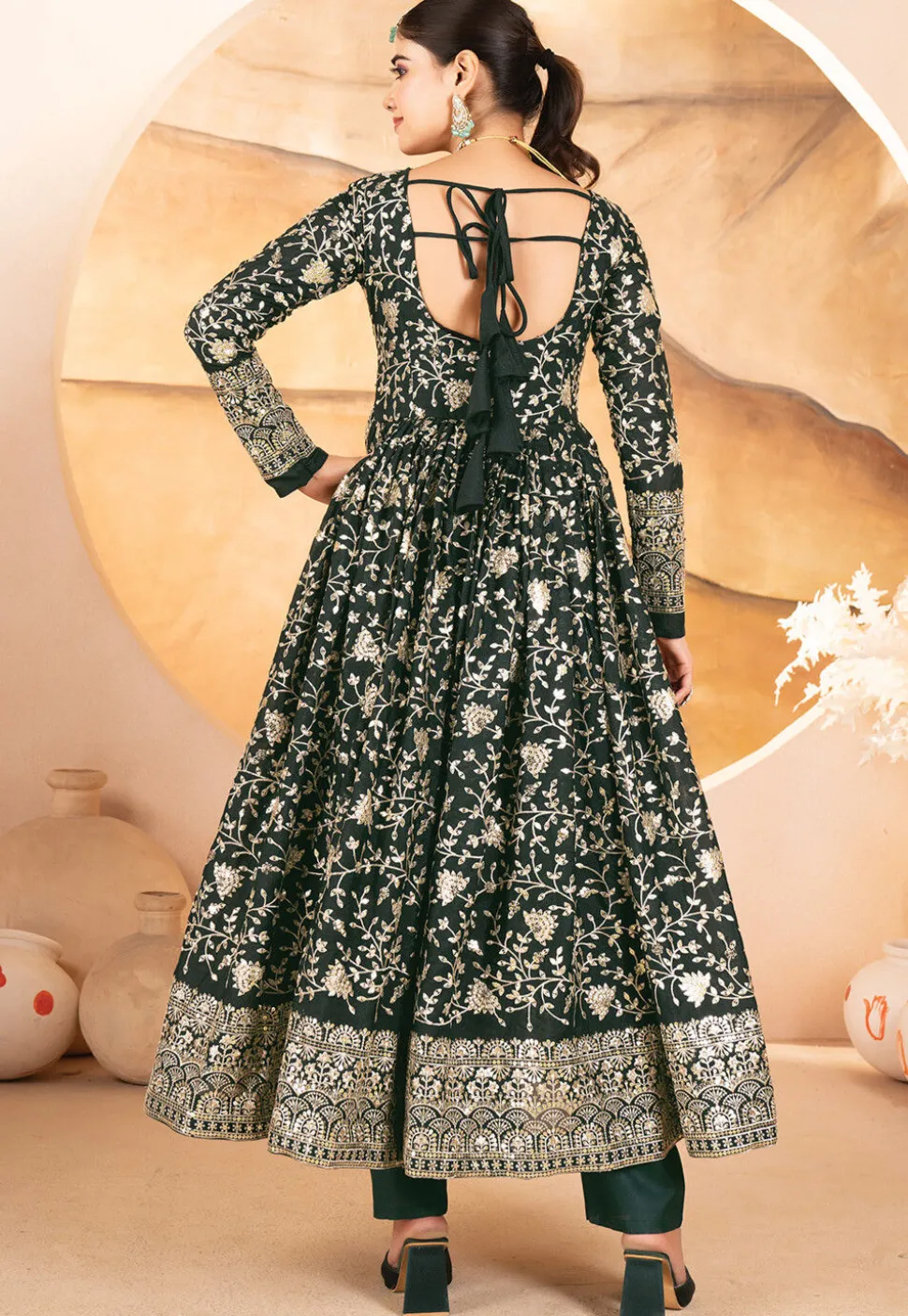 Embroidered Georgette A Line Suit in Dark Green