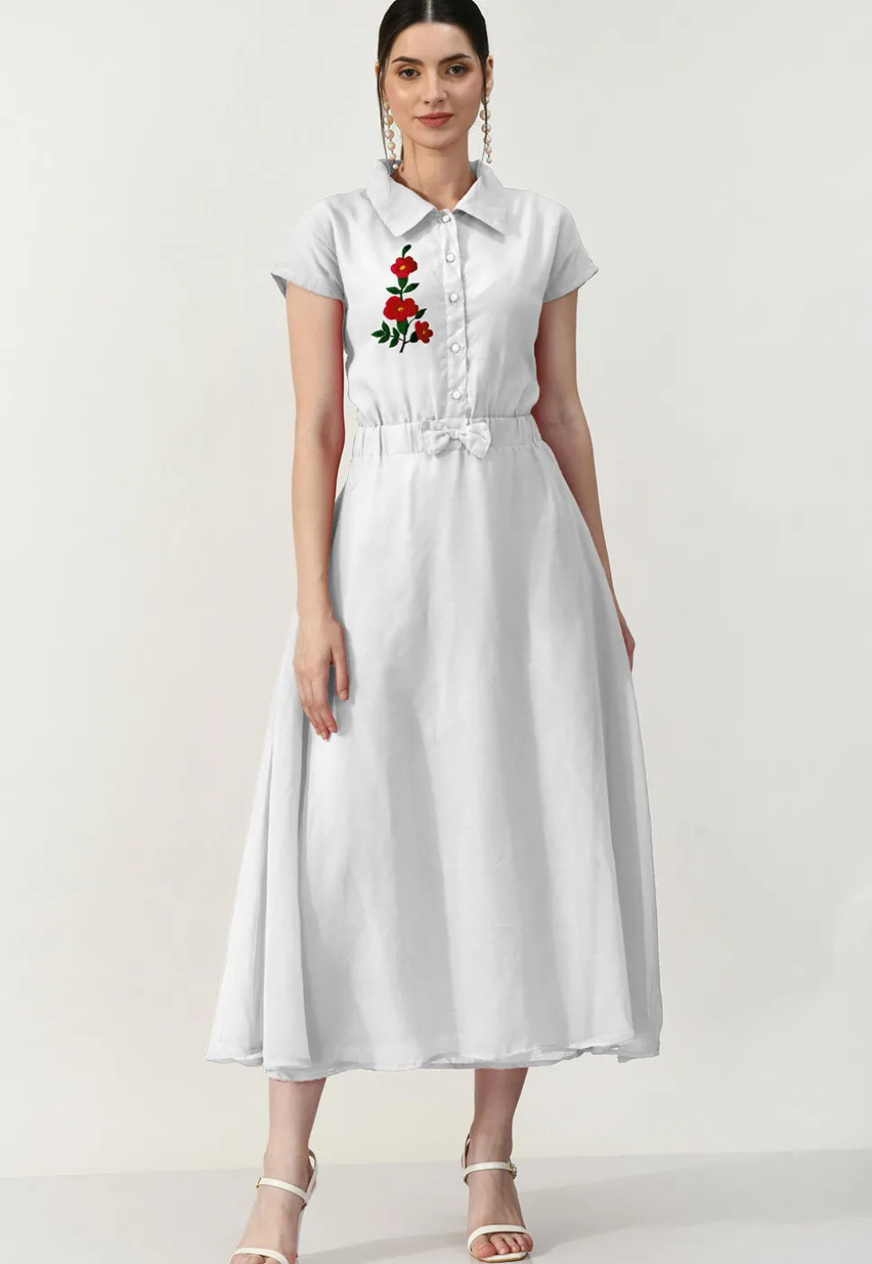 Embroidered Georgette A Line Dress in Off White
