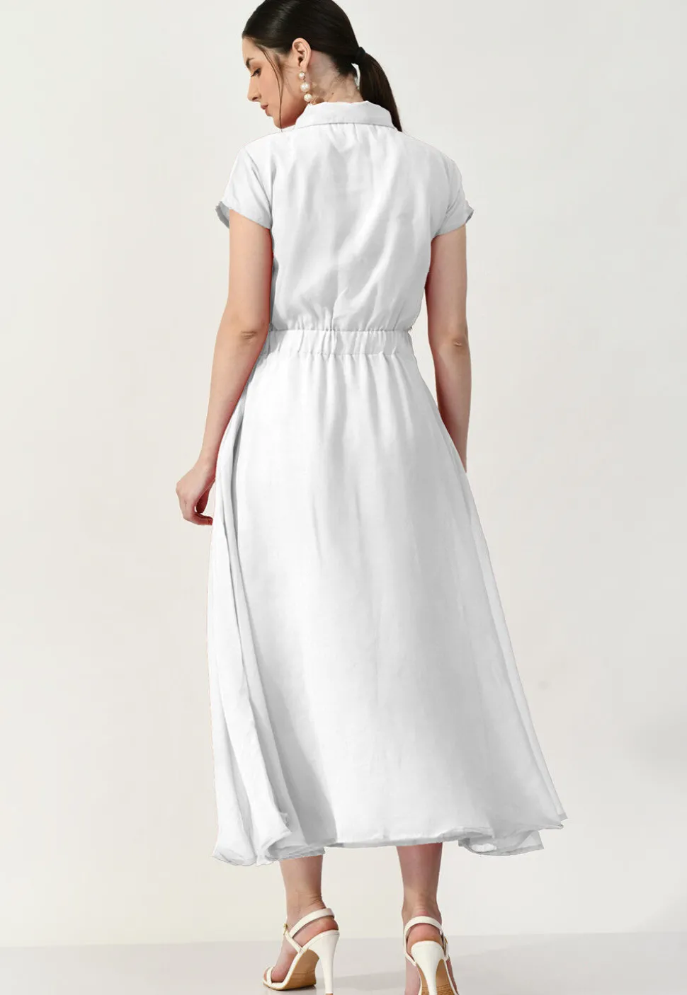 Embroidered Georgette A Line Dress in Off White