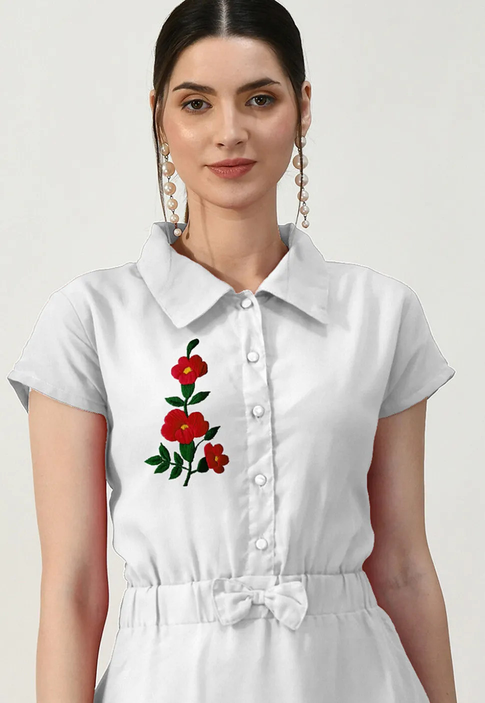 Embroidered Georgette A Line Dress in Off White