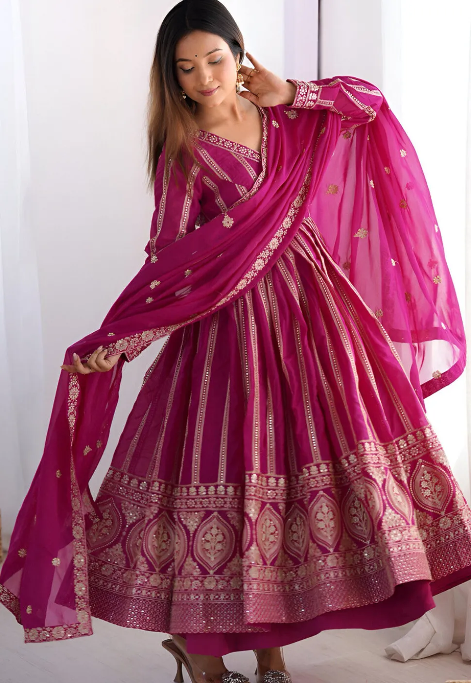 Embroidered Georgette A Line Suit in Fuchsia