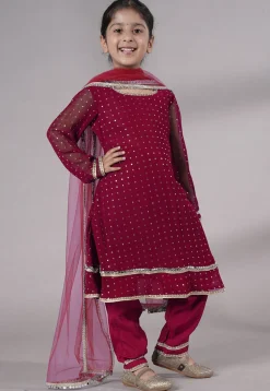 Embroidered Georgette A Line Suit in Dark Magenta