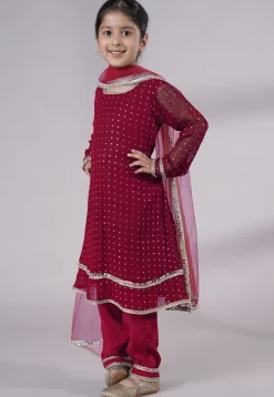 Embroidered Georgette A Line Suit in Dark Magenta