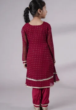 Embroidered Georgette A Line Suit in Dark Magenta