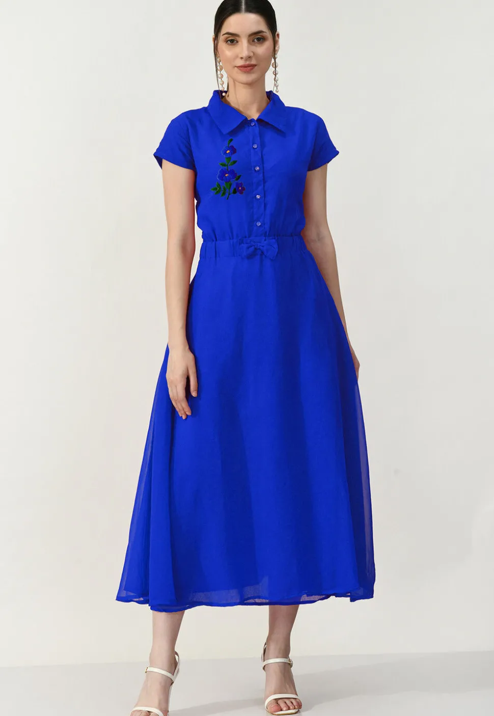 Embroidered Georgette A Line Dress in Royal Blue