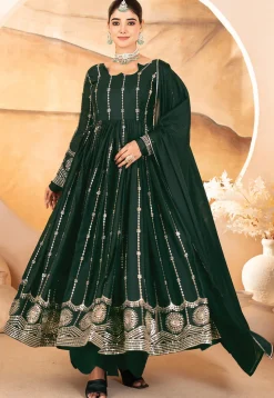 Embroidered Georgette A Line Suit in Dark Green