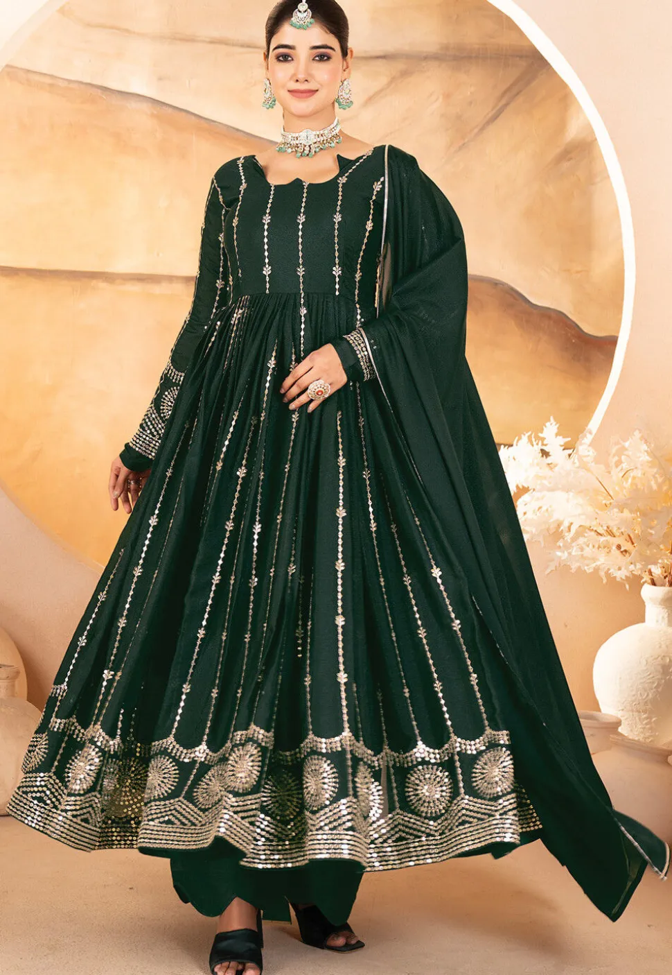 Embroidered Georgette A Line Suit in Dark Green