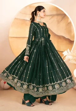 Embroidered Georgette A Line Suit in Dark Green