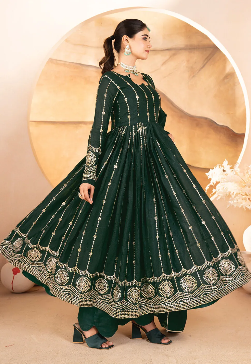 Embroidered Georgette A Line Suit in Dark Green