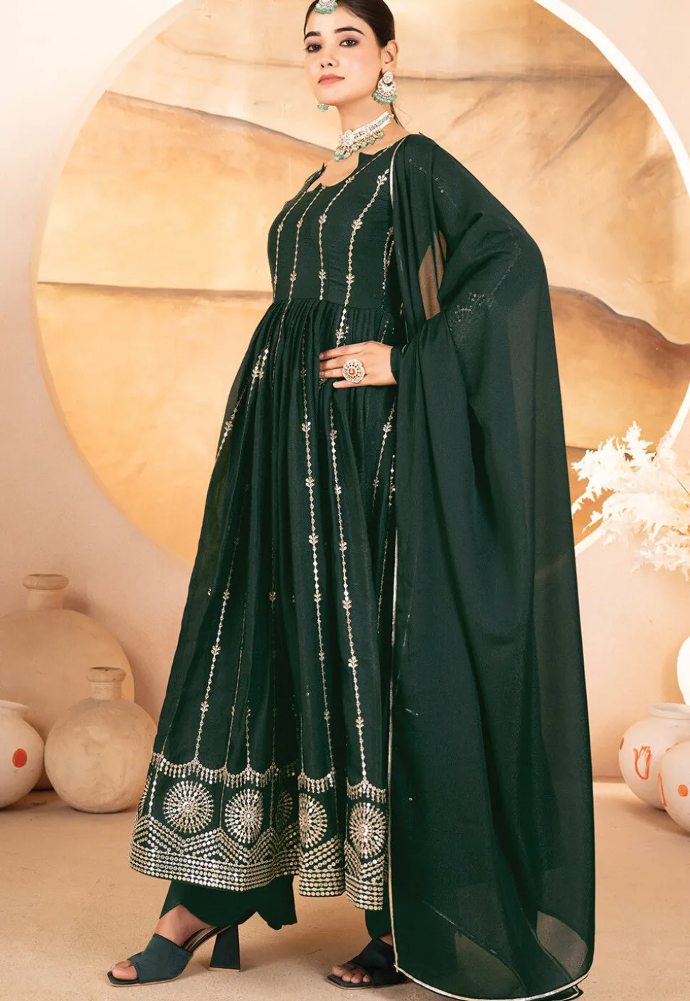 Embroidered Georgette A Line Suit in Dark Green